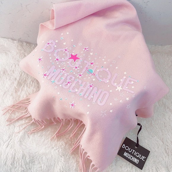 Authentic Moschino XL Merino Wool Baby Pink Pastel Star Logo Scarf - Picture 5 of 11